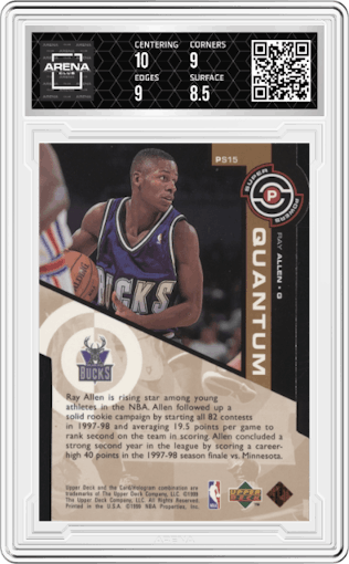 Ray Allen from the 1998-99 Upper Deck  set featuring a Quantum Bronze parallel graded by Arena Club and given an overall grade of 9.