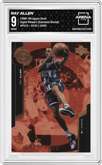Ray Allen from the 1998-99 Upper Deck  set featuring a Quantum Bronze parallel graded by Arena Club and given an overall grade of 9.