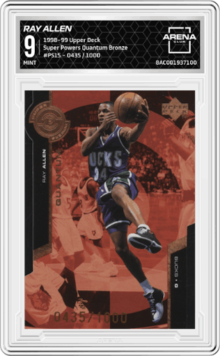 Ray Allen from the 1998-99 Upper Deck  set featuring a Quantum Bronze parallel graded by Arena Club and given an overall grade of 9.