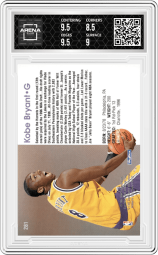 Kobe Bryant from the 1996-97 NBA Hoops set graded by Arena Club and given an overall grade of 9.