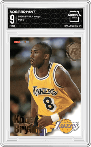 Kobe Bryant from the 1996-97 NBA Hoops set graded by Arena Club and given an overall grade of 9.