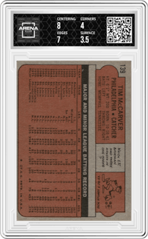 Tim McCarver from the 1972 Topps set graded by Arena Club and given an overall grade of 4.