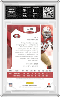 Trey Sermon from the 2021 Panini Playoff set featuring a Red Zone parallel graded by Arena Club and given an overall grade of 9.5.