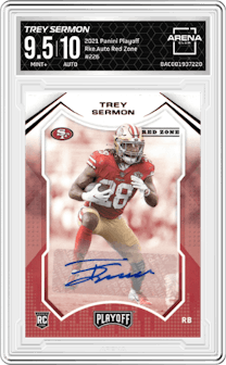 Trey Sermon from the 2021 Panini Playoff set featuring a Red Zone parallel graded by Arena Club and given an overall grade of 9.5.