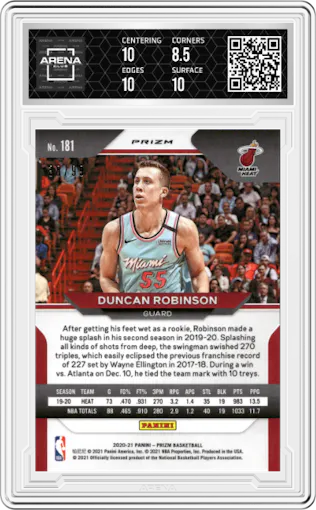 Duncan Robinson from the 2020-21 Panini Prizm set featuring a Purple Prizm parallel graded by Arena Club and given an overall grade of 9.