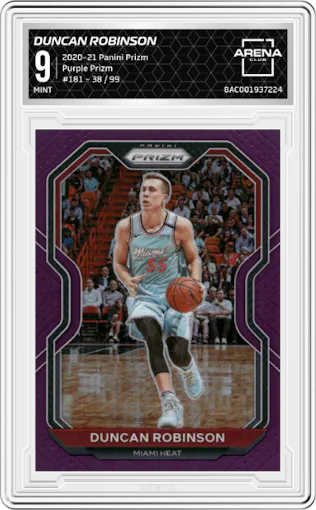 Duncan Robinson from the 2020-21 Panini Prizm set featuring a Purple Prizm parallel graded by Arena Club and given an overall grade of 9.