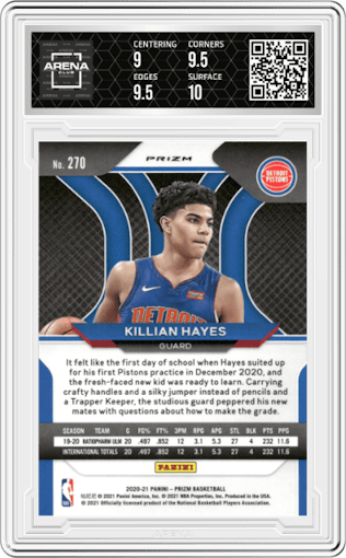 Killian Hayes from the 2020-21 Panini Prizm set featuring a Silver Prizm parallel graded by Arena Club and given an overall grade of 9.5.