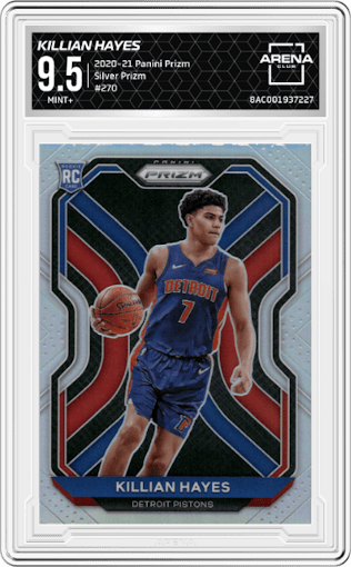 Killian Hayes from the 2020-21 Panini Prizm set featuring a Silver Prizm parallel graded by Arena Club and given an overall grade of 9.5.