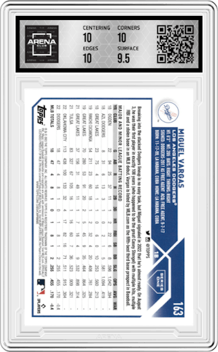Miguel Vargas from the 2023 Topps  set graded by Arena Club and given an overall grade of 10.