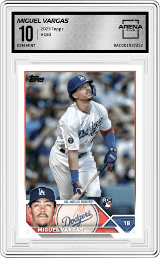 Miguel Vargas from the 2023 Topps  set graded by Arena Club and given an overall grade of 10.