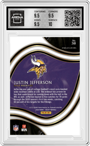 Justin Jefferson from the 2020 Panini Select set graded by Arena Club and given an overall grade of 10.