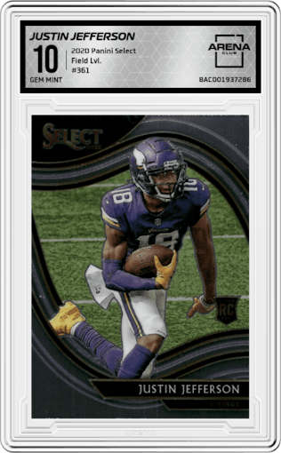 Justin Jefferson from the 2020 Panini Select set graded by Arena Club and given an overall grade of 10.