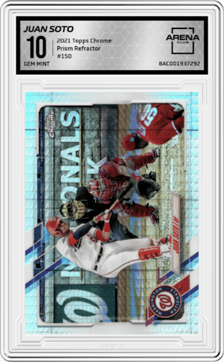 Juan Soto from the 2021 Topps Chrome set featuring a Prism Refractor  parallel graded by Arena Club and given an overall grade of 10.