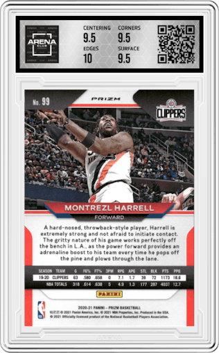 Montrezl Harrell from the 2020-21 Panini Prizm set featuring a Red Prizm parallel graded by Arena Club and given an overall grade of 10.