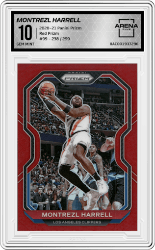 Montrezl Harrell from the 2020-21 Panini Prizm set featuring a Red Prizm parallel graded by Arena Club and given an overall grade of 10.