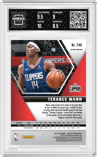 Terance Mann from the 2019-20 Panini Mosaic  set featuring a Silver parallel graded by Arena Club and given an overall grade of 9.