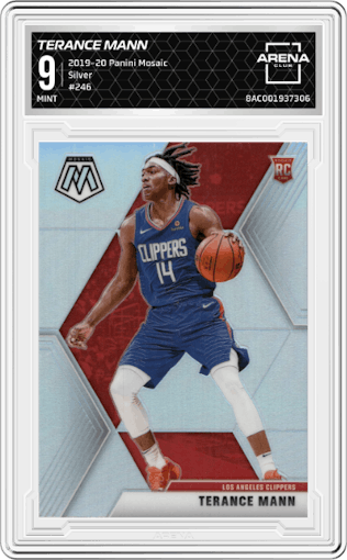 Terance Mann from the 2019-20 Panini Mosaic  set featuring a Silver parallel graded by Arena Club and given an overall grade of 9.