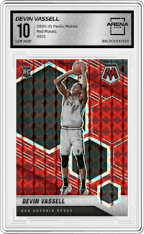 Devin Vassell from the 2020-21 Panini Mosaic set featuring a Red Mosaic parallel graded by Arena Club and given an overall grade of 10.