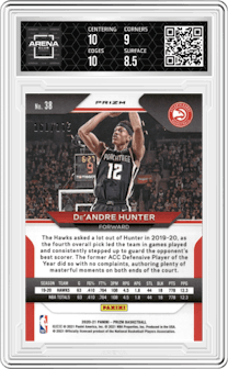 De'Andre Hunter from the 2020-21 Panini Prizm set featuring a Purple Ice parallel graded by Arena Club and given an overall grade of 9.
