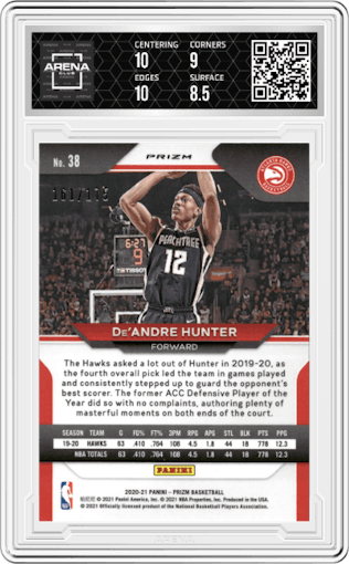 De'Andre Hunter from the 2020-21 Panini Prizm set featuring a Purple Ice parallel graded by Arena Club and given an overall grade of 9.