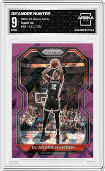 De'Andre Hunter from the 2020-21 Panini Prizm set featuring a Purple Ice parallel graded by Arena Club and given an overall grade of 9.