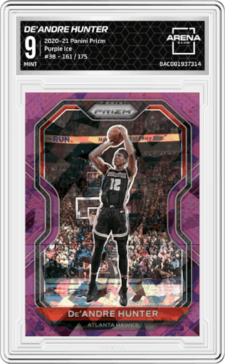 De'Andre Hunter from the 2020-21 Panini Prizm set featuring a Purple Ice parallel graded by Arena Club and given an overall grade of 9.