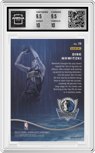 Dirk Nowitzki from the 2022-23 Panini Donruss Optic  set featuring a Holo parallel graded by Arena Club and given an overall grade of 10.