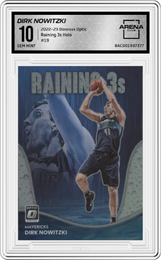 Dirk Nowitzki from the 2022-23 Panini Donruss Optic  set featuring a Holo parallel graded by Arena Club and given an overall grade of 10.