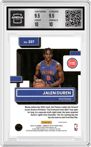 Jalen Duren from the 2022-23 Panini Donruss Optic  set featuring a Blue parallel graded by Arena Club and given an overall grade of 10.