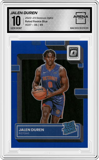 Jalen Duren from the 2022-23 Panini Donruss Optic  set featuring a Blue parallel graded by Arena Club and given an overall grade of 10.