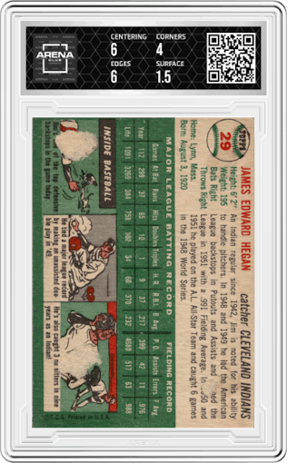 Jim Hegan from the 1954 Topps set graded by Arena Club and given an overall grade of 2.
