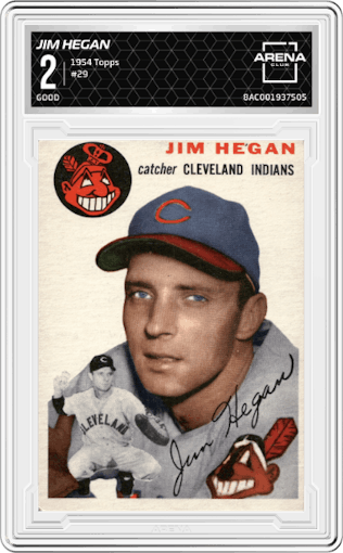 Jim Hegan from the 1954 Topps set graded by Arena Club and given an overall grade of 2.