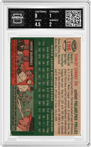 Stan Jok from the 1954 Topps set graded by Arena Club and given an overall grade of 1.5.