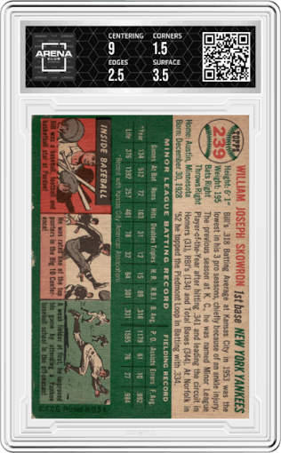 Bill Skowron from the 1954 Topps set graded by Arena Club and given an overall grade of 2.