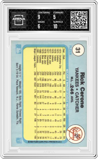 Rick Cerone from the 1982 Fleer set graded by Arena Club and given an overall grade of 5.5.
