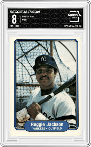Reggie Jackson from the 1982 Fleer set graded by Arena Club and given an overall grade of 8.