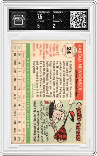 Hal Newhouser from the 1955 Topps set graded by Arena Club and given an overall grade of 1.5.