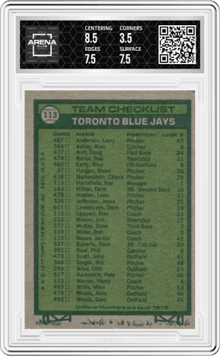 Toronto Blue Jays CL from the 1977 Topps set graded by Arena Club and given an overall grade of 4.