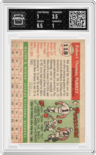 Bob Purkey from the 1955 Topps set graded by Arena Club.