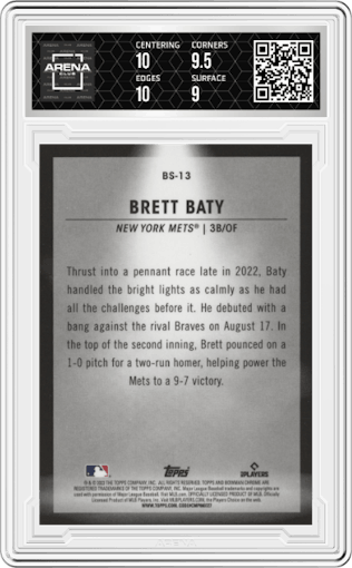 Brett Baty from the 2023 Bowman  set graded by Arena Club and given an overall grade of 9.5.