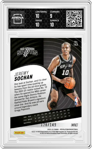 Jeremy Sochan from the 2022-23 Panini Revolution  set featuring a Impact parallel graded by Arena Club and given an overall grade of 9.5.