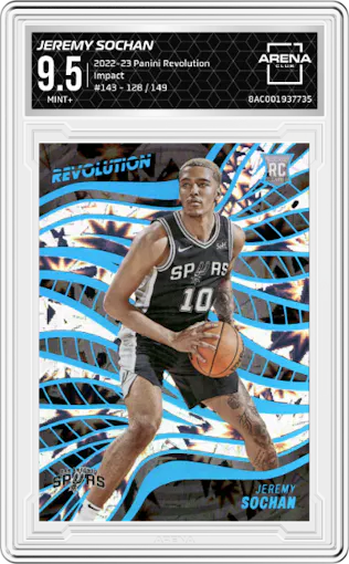 Jeremy Sochan from the 2022-23 Panini Revolution  set featuring a Impact parallel graded by Arena Club and given an overall grade of 9.5.