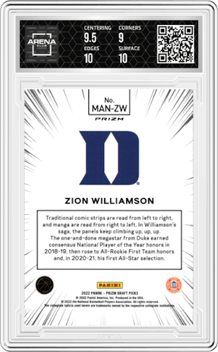 Zion Williamson from the 2022-23 Panini Prizm Draft Picks set graded by Arena Club and given an overall grade of 9.5.