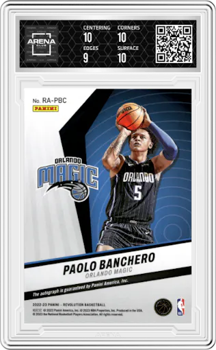 Paolo Banchero from the 2022-23 Panini Revolution  set graded by Arena Club and given an overall grade of 9.5.
