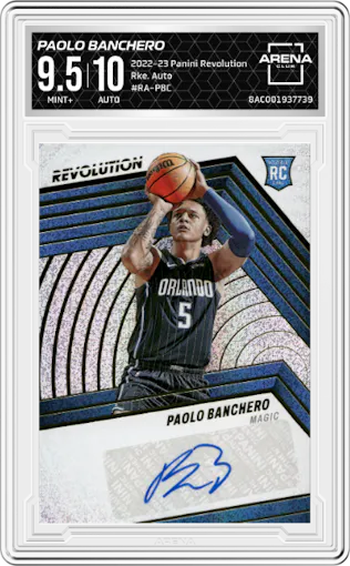 Paolo Banchero from the 2022-23 Panini Revolution  set graded by Arena Club and given an overall grade of 9.5.