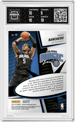 Paolo Banchero from the 2022-23 Panini Revolution  set featuring a Galactic parallel graded by Arena Club and given an overall grade of 9.5.