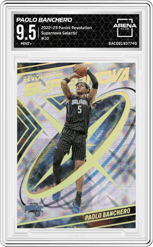 Paolo Banchero from the 2022-23 Panini Revolution  set featuring a Galactic parallel graded by Arena Club and given an overall grade of 9.5.