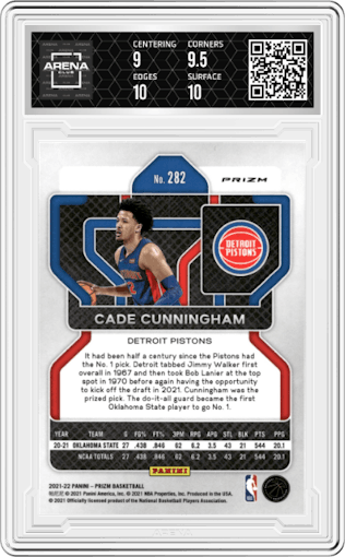 Cade Cunningham from the 2021-22 Panini Prizm  set featuring a Green Prizm parallel graded by Arena Club and given an overall grade of 9.5.