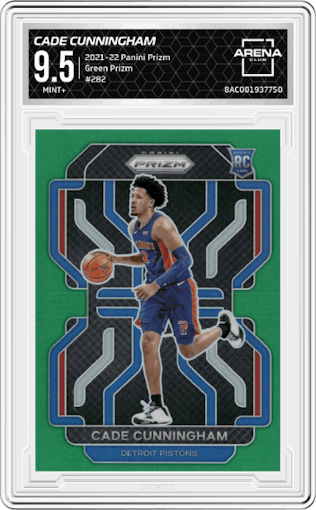 Cade Cunningham from the 2021-22 Panini Prizm  set featuring a Green Prizm parallel graded by Arena Club and given an overall grade of 9.5.