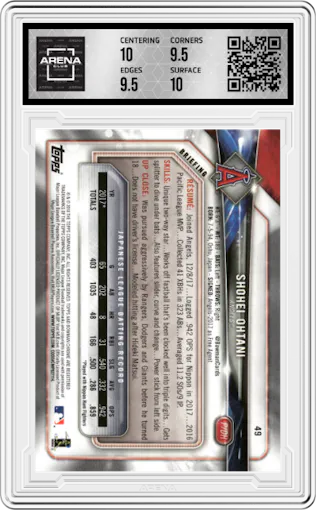 Shohei Ohtani from the 2018 Bowman set graded by Arena Club and given an overall grade of 10.